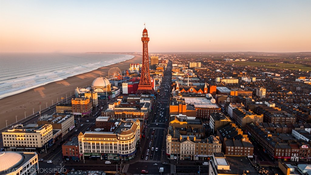 Aerial view of Blackpool town centre showing the tower and coastal properties near the Irish Sea