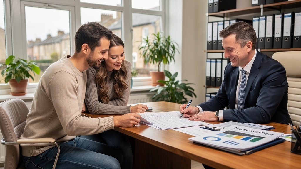 Happy clients receiving their property survey report from a Blackpool surveyor