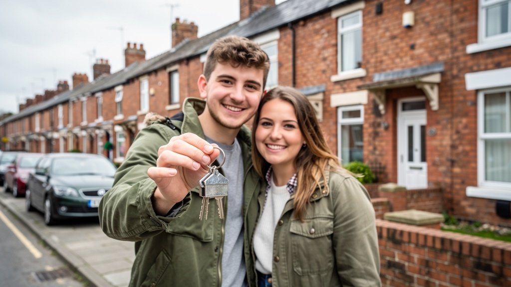 First-time buyers standing outside their new home with keys in hand, Lancashire street